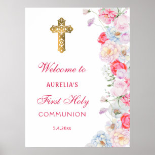 Affiche Fleurs aquarelles Accueil Première communion
