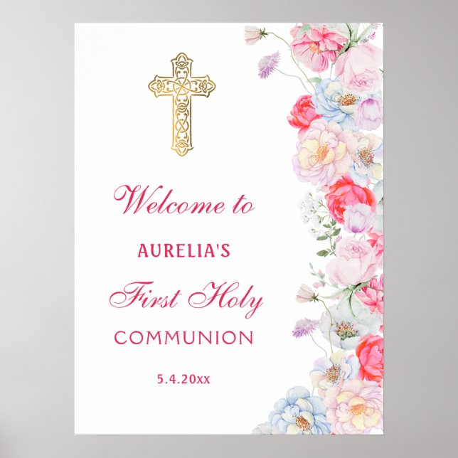 Affiche Fleurs aquarelles Accueil Première communion (Devant)