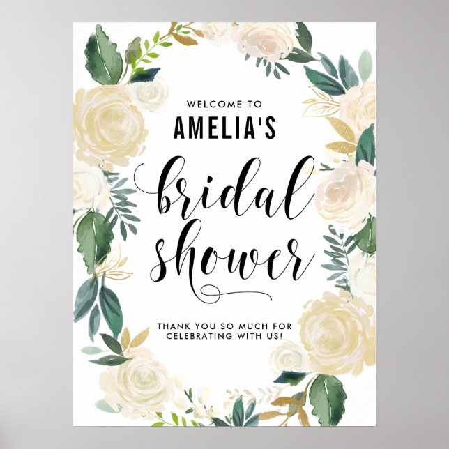 Affiche Fleurs aquarelles avec fête de mariage avec paille (Devant)