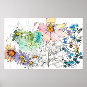 Affiche Fleurs aquarelles pollinisatrices Abeilles domesti