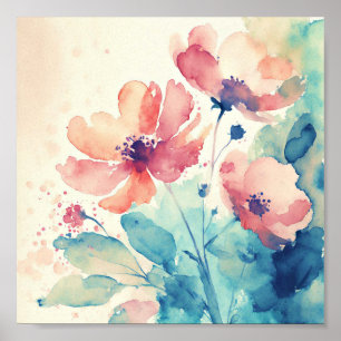 Affiche Fleurs aquarelles roses et bleues art
