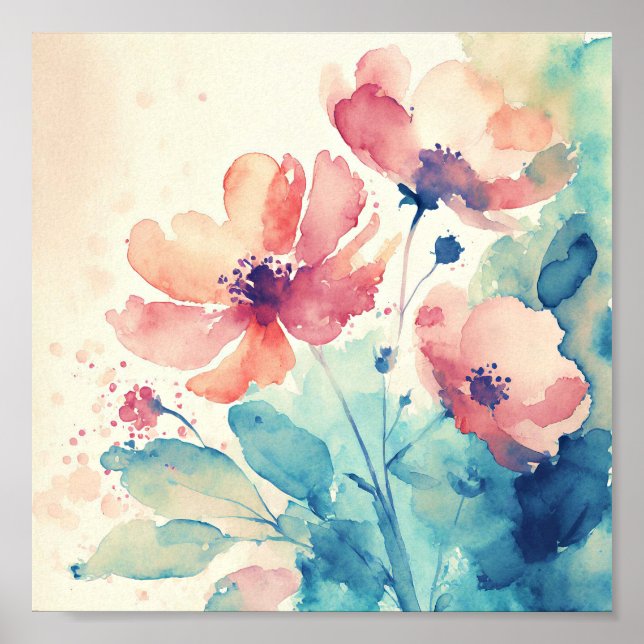 Affiche Fleurs aquarelles roses et bleues art (Devant)
