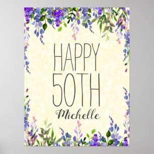 Affiche Fleurs aquarelles violettes Jaune 50e Anniversaire