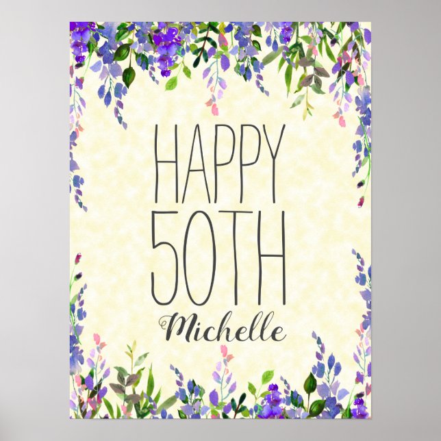 Affiche Fleurs aquarelles violettes Jaune 50e Anniversaire (Devant)