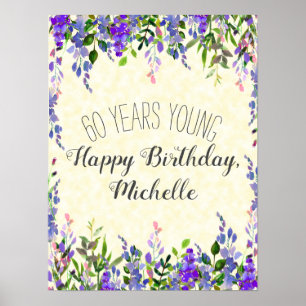 Affiche Fleurs aquarelles violettes Jaune 60e Anniversaire