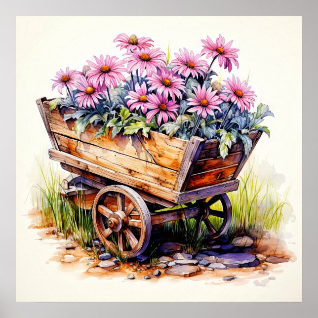 Affiche Fleurs Aster Rétro Dans Un Wagon En Bois (Devant)