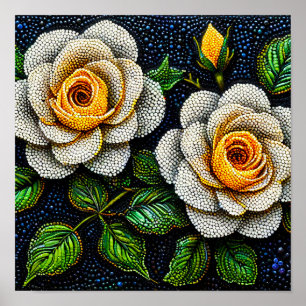 Affiche Fleurs blanches Art minimal pointillisme décor