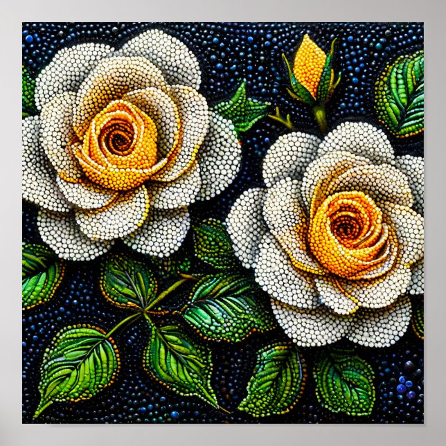 Affiche Fleurs blanches Art minimal pointillisme décor (Devant)