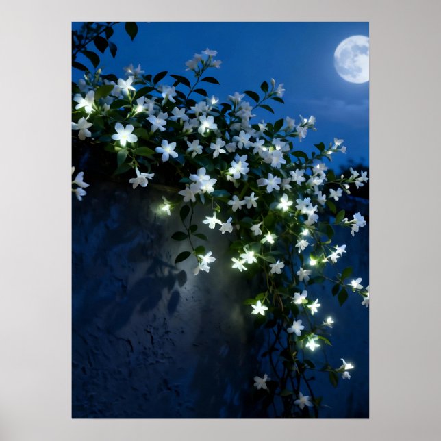 Affiche Fleurs Blanches au Clair de Lune sur une Vigne Art (Devant)