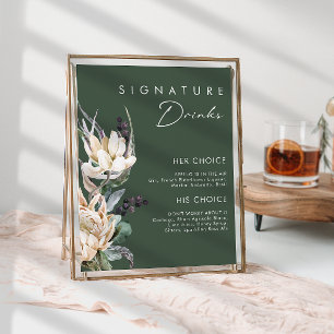 Affiche Fleurs Blanches   Boissons Signature Vert Foncé