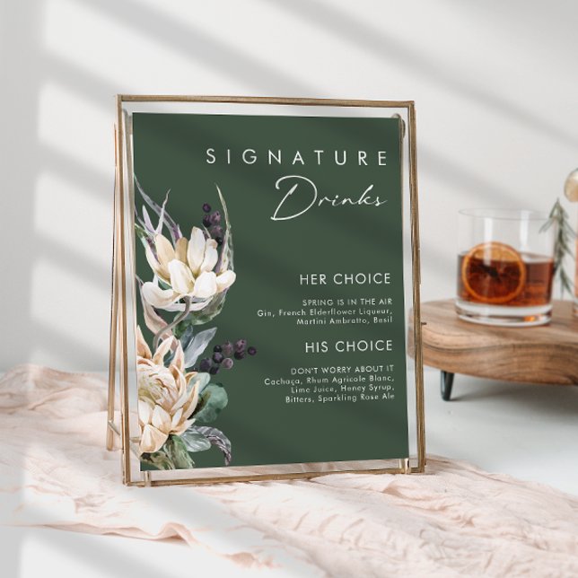 Affiche Fleurs Blanches | Boissons Signature Vert Foncé (Créateur téléchargé)