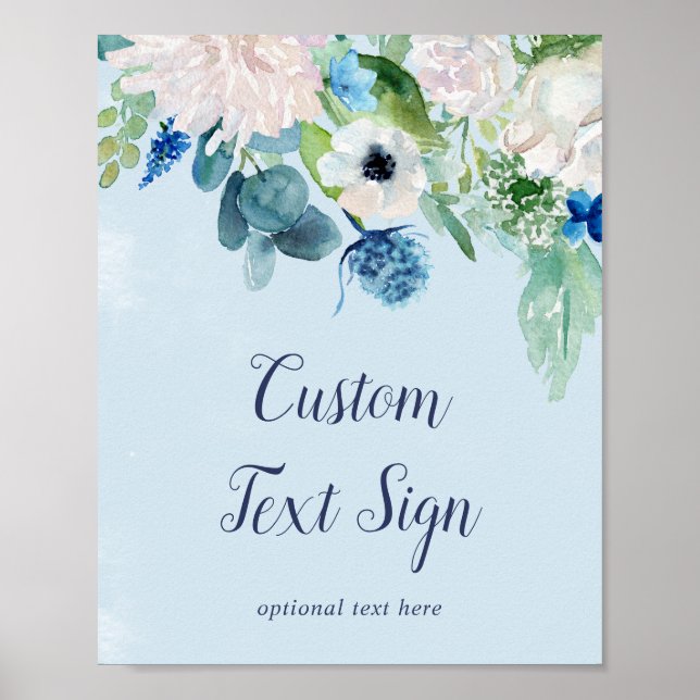 Affiche Fleurs blanches classiques Baby shower bleu Texte  (Devant)