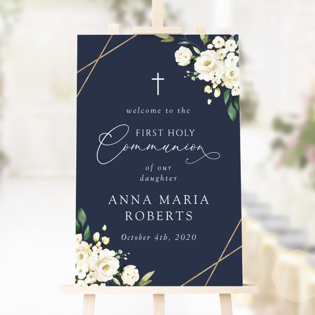 Affiche Fleurs blanches crème, Bienvenue à la première com (Créateur téléchargé)