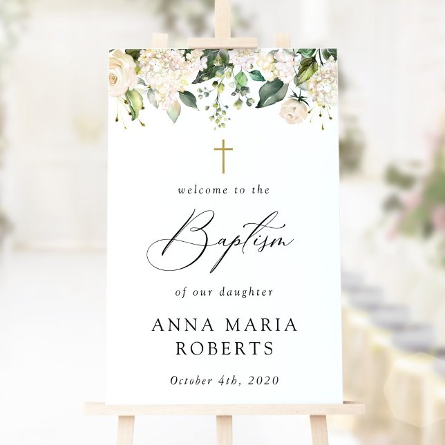 Affiche Fleurs blanches crème, Boho, Bienvenue au baptême  (Créateur téléchargé)