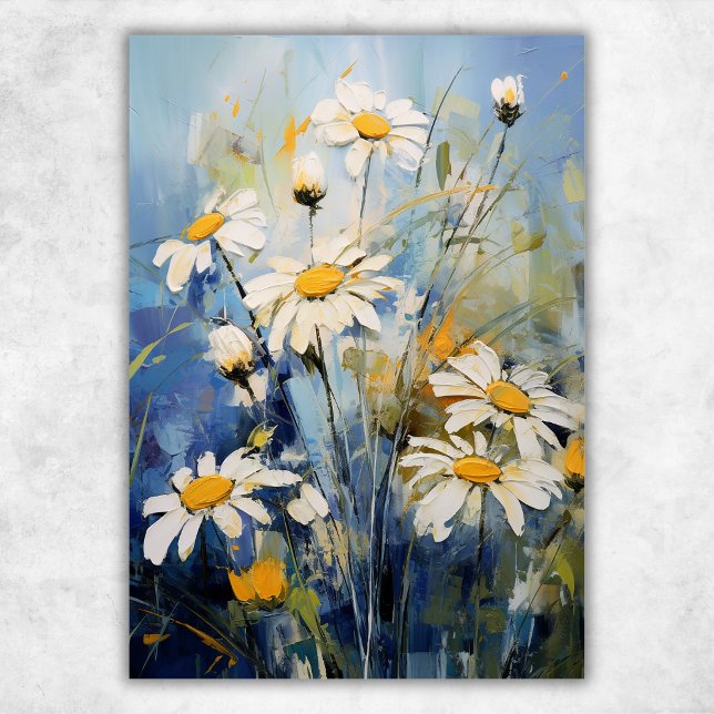 Affiche Fleurs blanches de marguerite sur fond bleu | Bota (White Daisy Flowers on Blue  Botanical Floral Poster)
