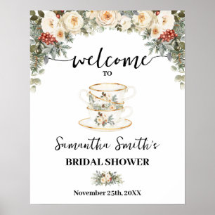 Affiche Fleurs Blanches d'Hiver Bienvenue Thé Réception de