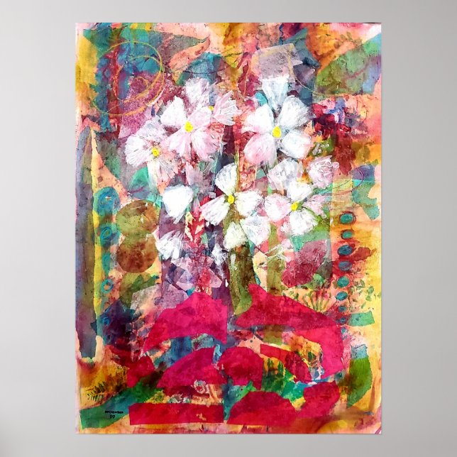 Affiche Fleurs blanches en Pot rose Imprimer (Devant)