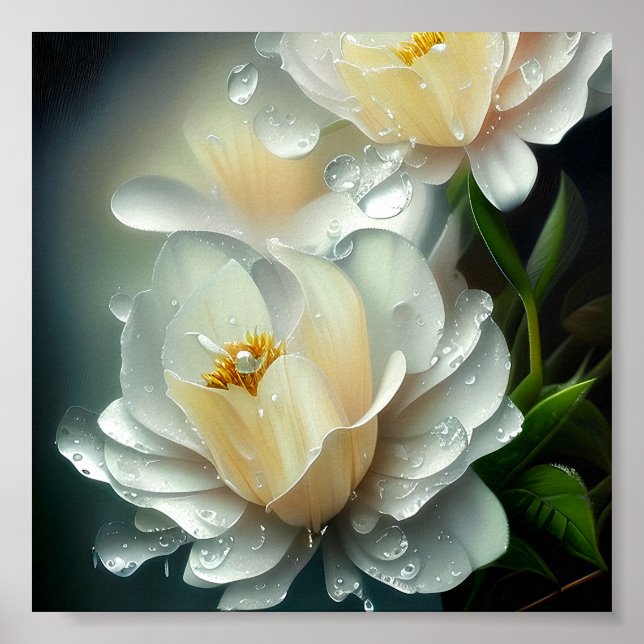 Affiche Fleurs blanches et gouttes d'eau (Devant)