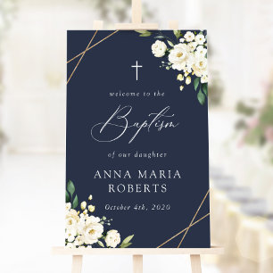 Affiche Fleurs blanches, fleurs crème, Bienvenue au baptêm
