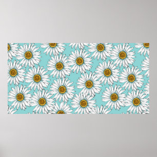 Affiche Fleurs blanches marguerites sur Pat vintage bleu s