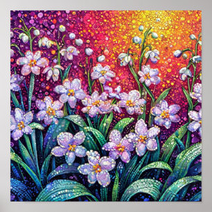 Affiche Fleurs blanches pointillisme artistique minimal bo