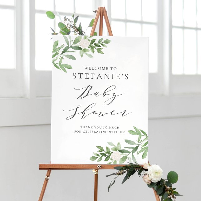 Affiche Fleurs blanches vertes Baby shower gris Accueil (Créateur téléchargé)