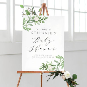Affiche Fleurs blanches vertes Baby shower gris Accueil