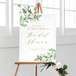 Affiche Fleurs blanches vertes Fête des mariées or Bienven<br><div class="desc">Bienvenue invités à votre événement avec ce magnifique panneau d'accueil de douche nuptiale verte. Il présente des illustrations aquarelle de verdure et de fleurs blanches avec un script or élégant. Ce poster de verdure d'aquarelle est parfait pour les douches de nage printanières. Des éléments correspondants sont disponibles.</div>