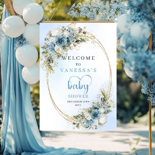 Affiche Fleurs bleu clair aquarelle Or Baby Shower Sig