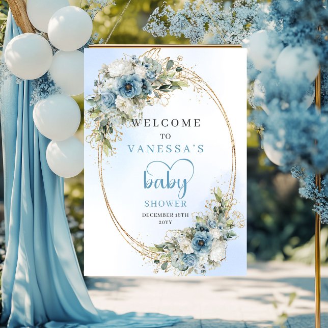 Affiche Fleurs bleu clair aquarelle Or Baby Shower Sig (Watercolor Light Blue Flowers Gold Baby Shower Sign

)