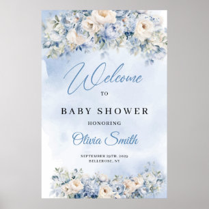 Affiche Fleurs bleu et ivoire Dusty Baby shower bienvenue