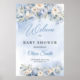 Affiche Fleurs bleu et ivoire Dusty Baby shower bienvenue