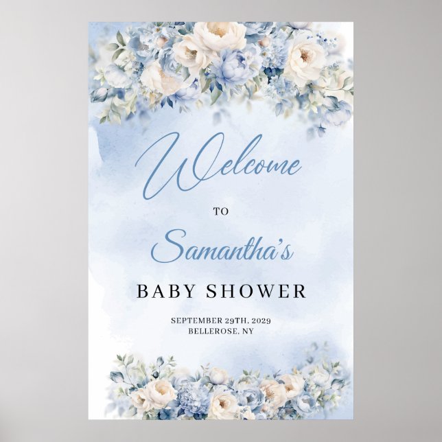 Affiche Fleurs bleu et ivoire Dusty Baby shower bienvenue (Devant)