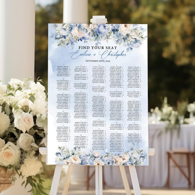 Affiche Fleurs bleu et ivoire Dusty Siège alphabétique ( Boho Elegant Dusty Blue and Ivory Flowers Alphabetical seating chart )