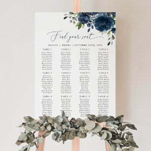 Affiche Fleurs Bleu Marine, Feuillage, Plan de Table de Ma