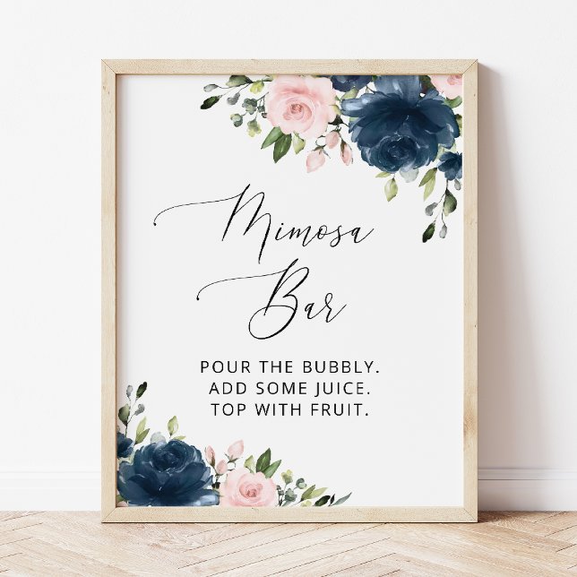 Affiche Fleurs Bleu Marine, Fleurs Roses, Bohème, Bar Mimo (Créateur téléchargé)