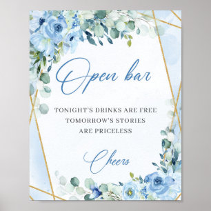 Affiche fleurs bleu pastel cadre or eucalyptus open bar
