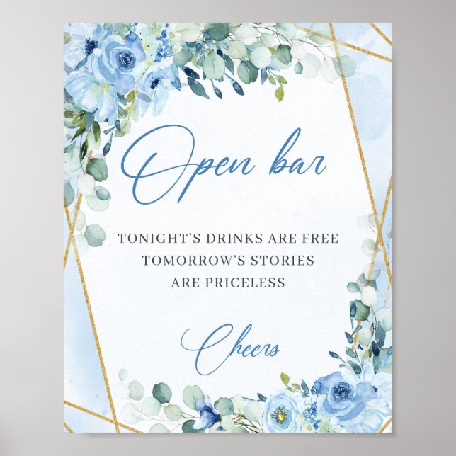 Affiche fleurs bleu pastel cadre or eucalyptus open bar (Devant)