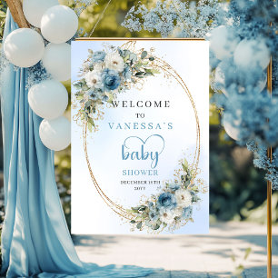 Affiche Fleurs Bleu Poussiéreux Aquarelle Or Naissance Sig