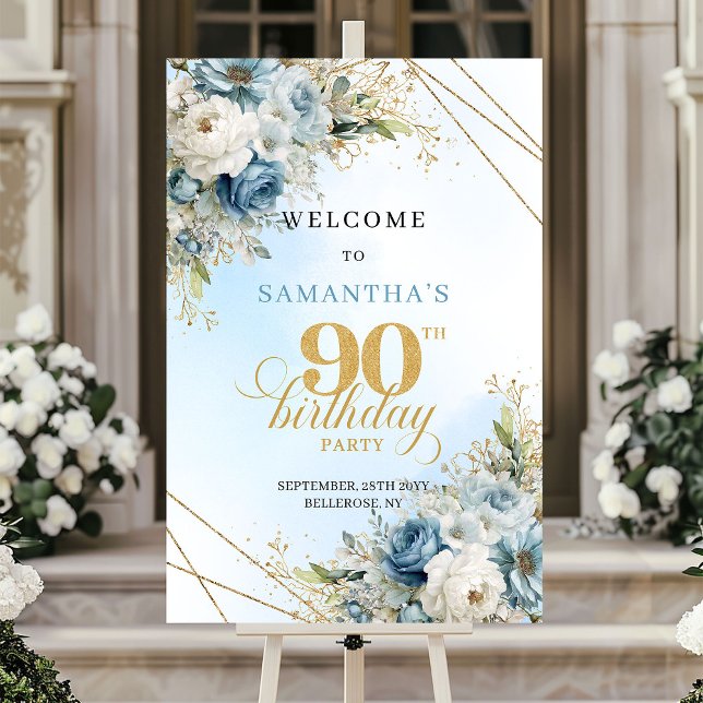 Affiche Fleurs bleues aquarelle douces cadre doré 90e anni (Soft watercolor blue florals gold frame 90th birthday

)