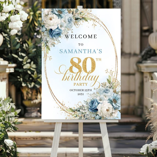 Affiche Fleurs bleues aquarelles douces cadre doré 80e ann (Soft watercolor blue florals gold frame 80th birthday

)