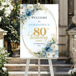 Affiche Fleurs bleues bohèmes délicates cadre doré 80 ans