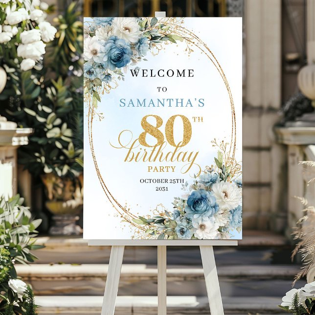 Affiche Fleurs bleues bohèmes délicates cadre doré 80 ans (Delicate boho blue florals gold frame 80th birthday

)