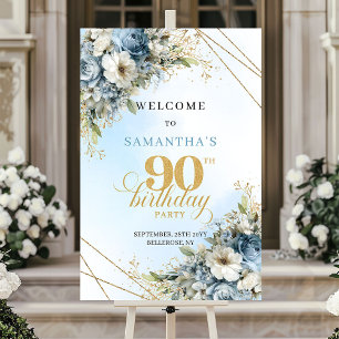 Affiche Fleurs bleues bohèmes intemporelles or 90e anniver