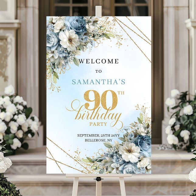 Affiche Fleurs bleues bohèmes intemporelles or 90e anniver (Timeless bohemian blue florals gold 90th birthday sign

)
