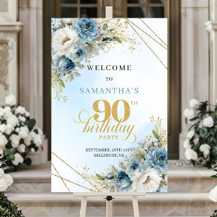 Affiche Fleurs bleues boho classiques cadre doré 90e anniv