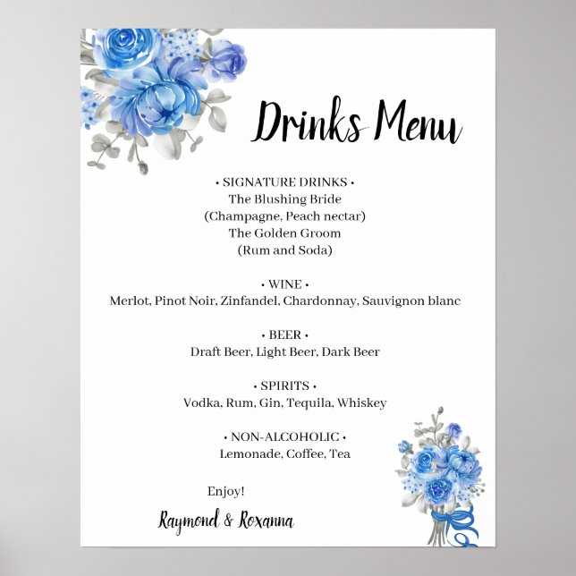 Affiche Fleurs bleues Boissons Menu Mariage Signer (Devant)