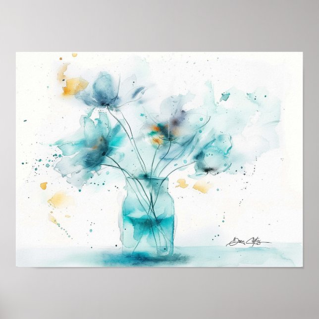 Affiche Fleurs bleues dans un vase de verre (Devant)