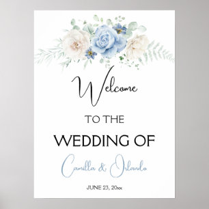 Affiche Fleurs bleues et blanches Bienvenue à notre mariag