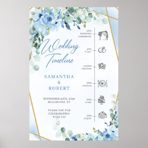Affiche Fleurs bleues et eucalyptus or mariage Timeline